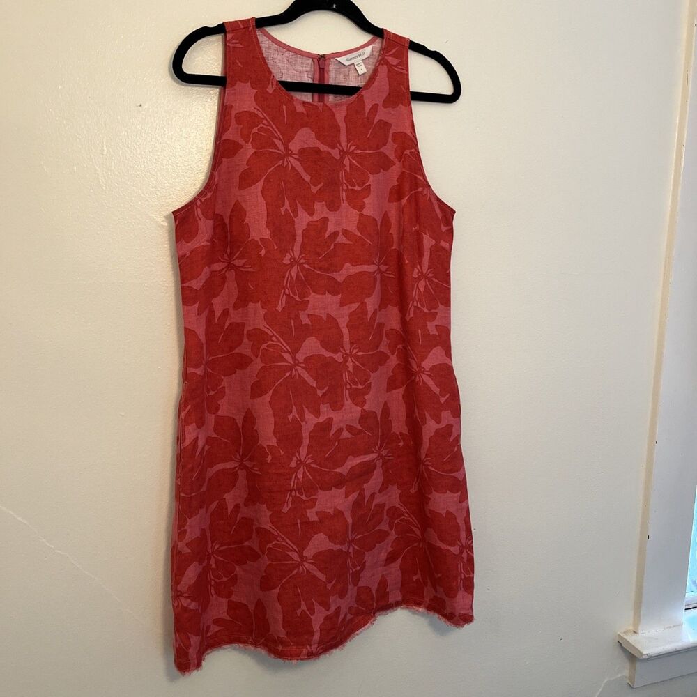 Garnet Hill 100% Linen Fringe Hem A-Line Dress, Pink & Red Hibiscus Floral- Sz 8 - Picture 3 of 9